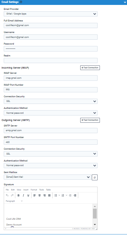 Email Settings CRM